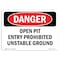 Signmission OSHA Danger, Open Pit Prohibited Unstable Ground, 10in X 7in Decal, 10" W, 7" H, Landscape OS-DS-D-710-L-1879 - alternate 1